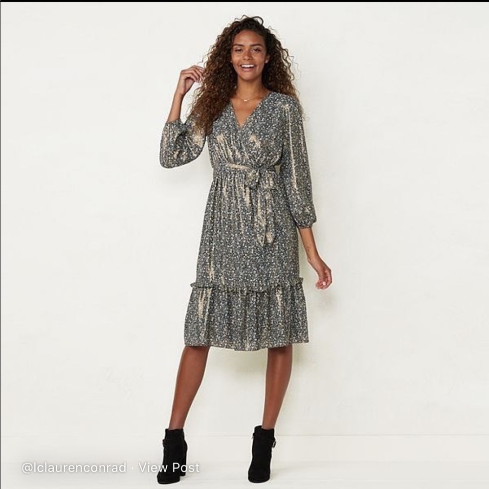 NWT LC Lauren Conrad Puff Sleeve Midi Wrap Dress